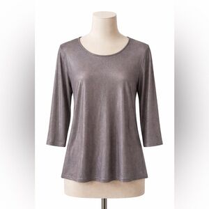 Chico’s Metallic Silver Shimmer Tunic Top 3/4 Sleeve Stretch Knit Size 1